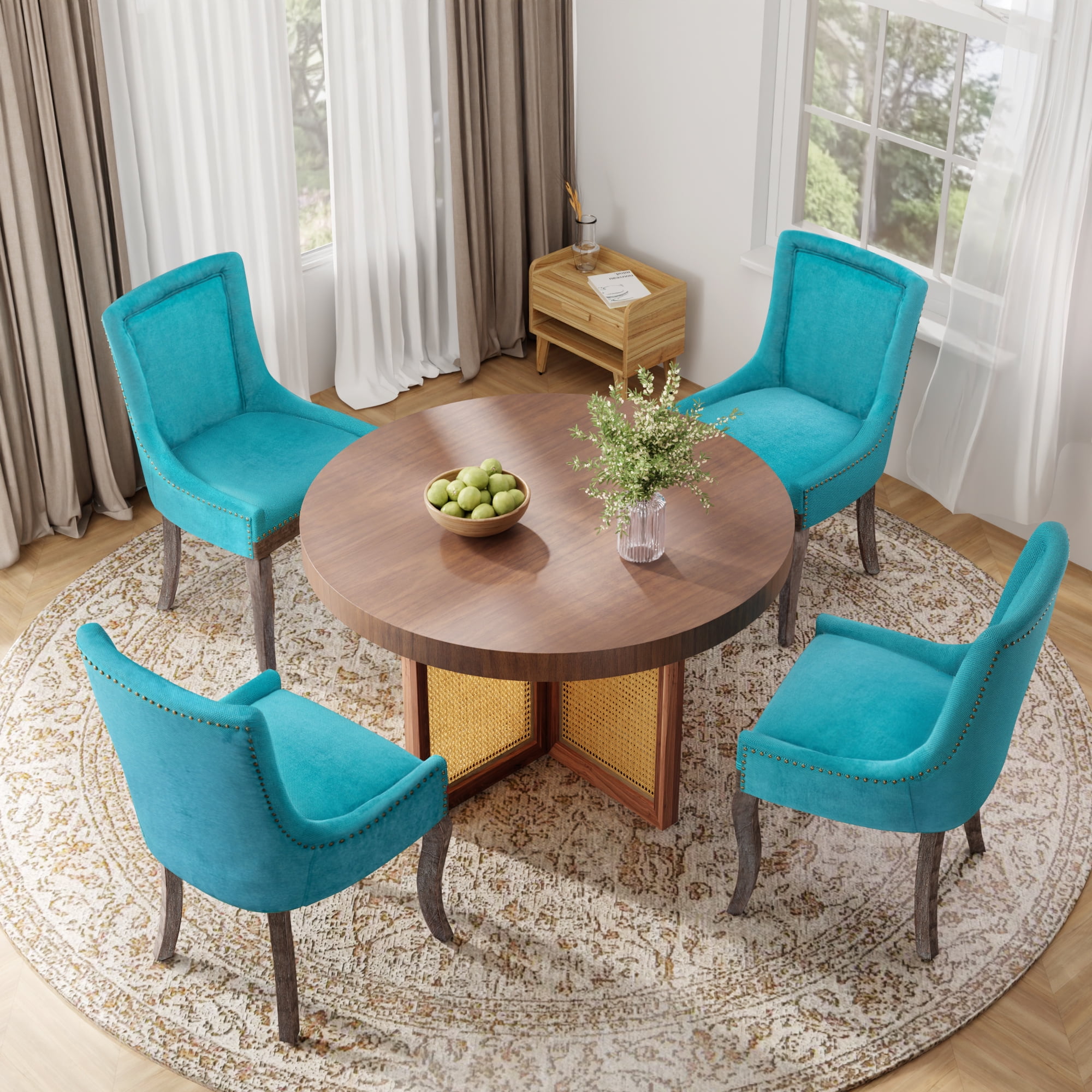 DONICK Vintage Fabric Upholstered Dining Chairs,Solid Wood Kitchen Dining Room Chairs with Nailheads Solid Wood Legs (Blue,Set of 2)
