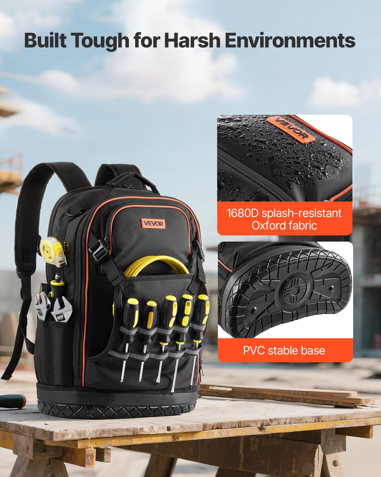 VEVOR Tool Backpack with Tools, 65 Pockets, Heavy-duty Tools Storage Organizer Bags with Laptop Compartment & Molded Base, Electrician Jobsite Backpack for Electrician, Repairman, and HVAC Techs