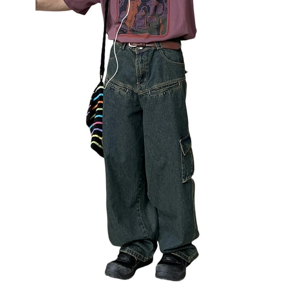 EMMIOL Men's Y2K Vintage Cargo Wide Leg Jeans 90s Mid Rise Loose Fit Hip Hop Denim Pants