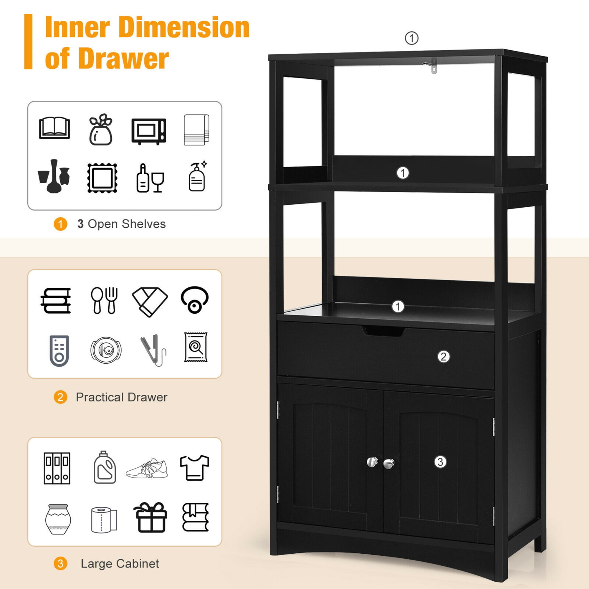 Gymax Bathroom Storage Cabinet Shelf Cupboard Floor Cabinet w/Drawer Black