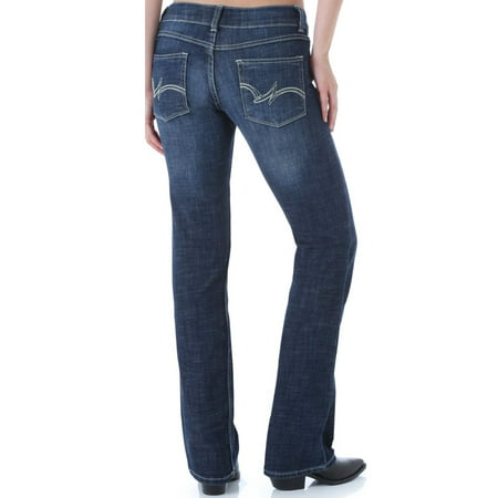 Wrangler Women's Premium Patch Mae Boot Cut Jean-Sits Above Hip, Navy, (Best Hip Hugger Jeans)