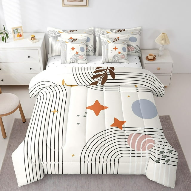 YST Abstract Red Sun King Comforter Set, 7-Piece, Geometric Lines, Modern, Aesthetic, Vintage, Minimalist, Grey, Circle, Bedding Set, King