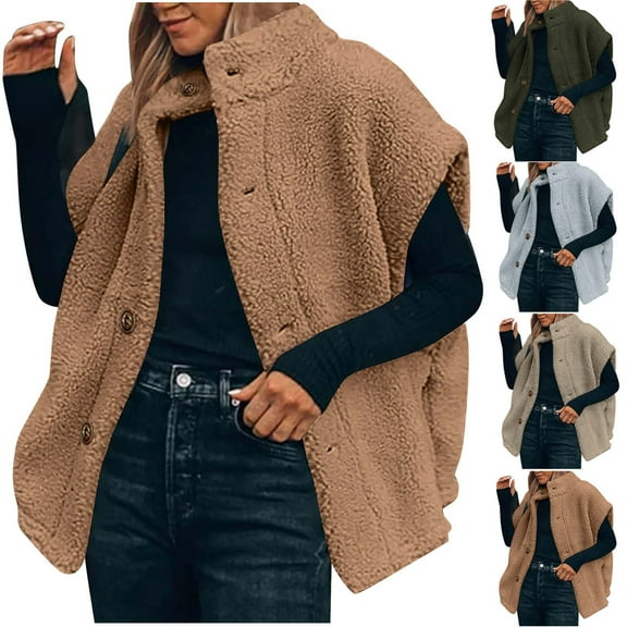 Women's Winter Plaid Print Sleeveless Vest Jacket Open Front Fleece Like Cardigan