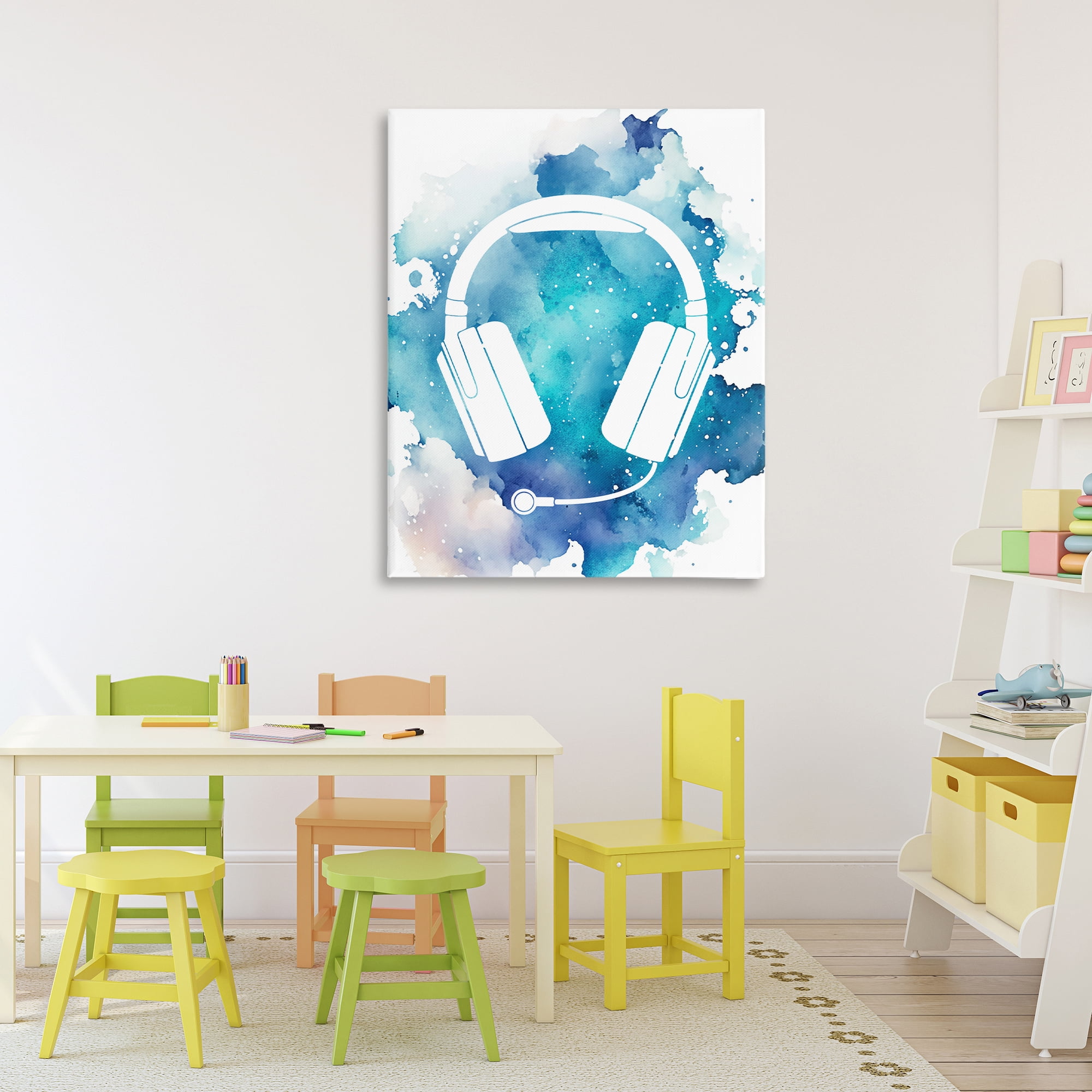 Blue Headphone Splatter Canvas Wall Art, design by Marcus Prime
