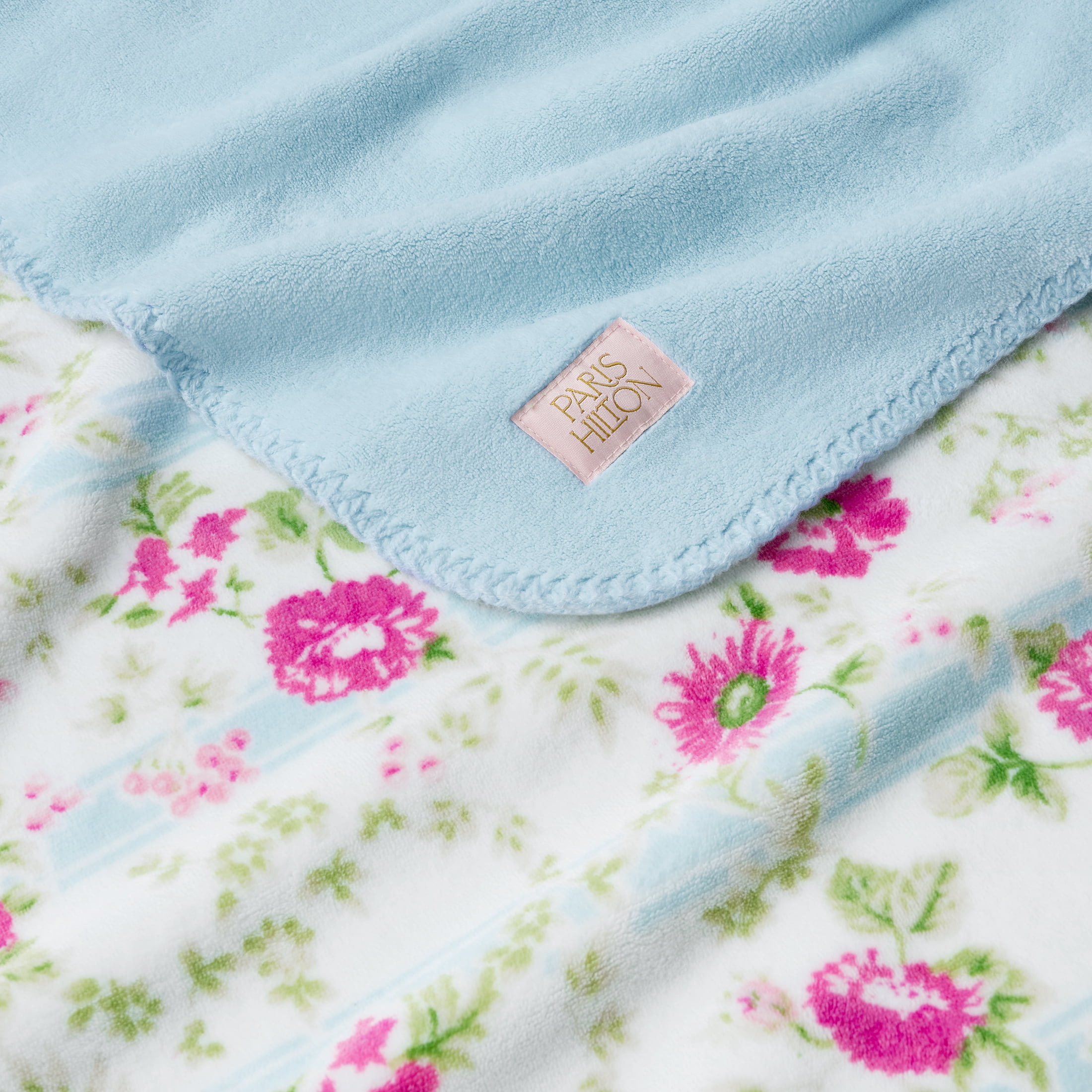 Paris Hilton Plush Throw Blanket, Reversible Fleece, 60" x 70", Blue Floral Stripe