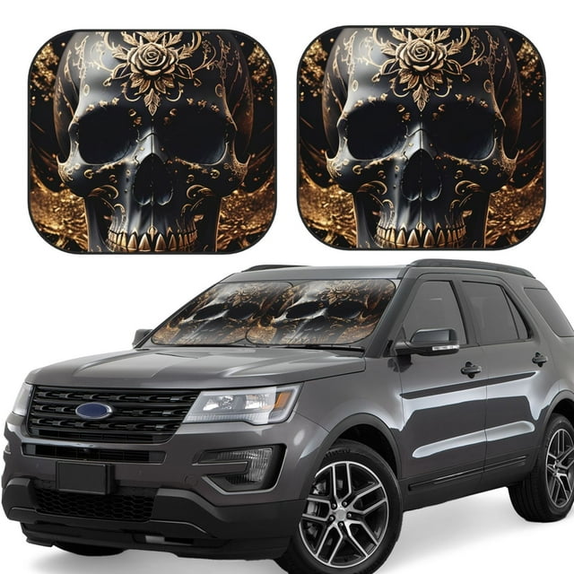 Saiise Gold Pattern Black Skull for Foldable Car Sun Shades (2-Pack) Offer Sun Protection with an Easy-fold Design for Convenient Windshield Shading-Small