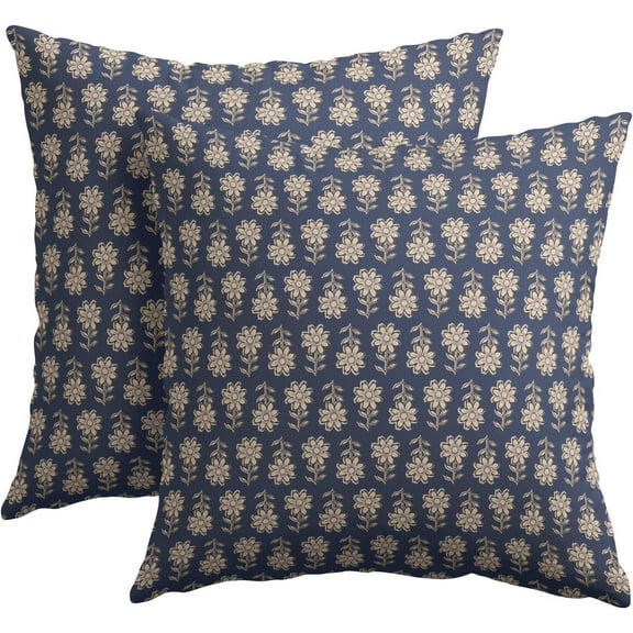Vintage Pillow Covers 18x18 Inch Set of 2 Navy Blue Floral Block Print Outdoor Decorative Throw Pillows Neutral Pattern Pillowcases Square Cushion Covers for Couch Home Decor