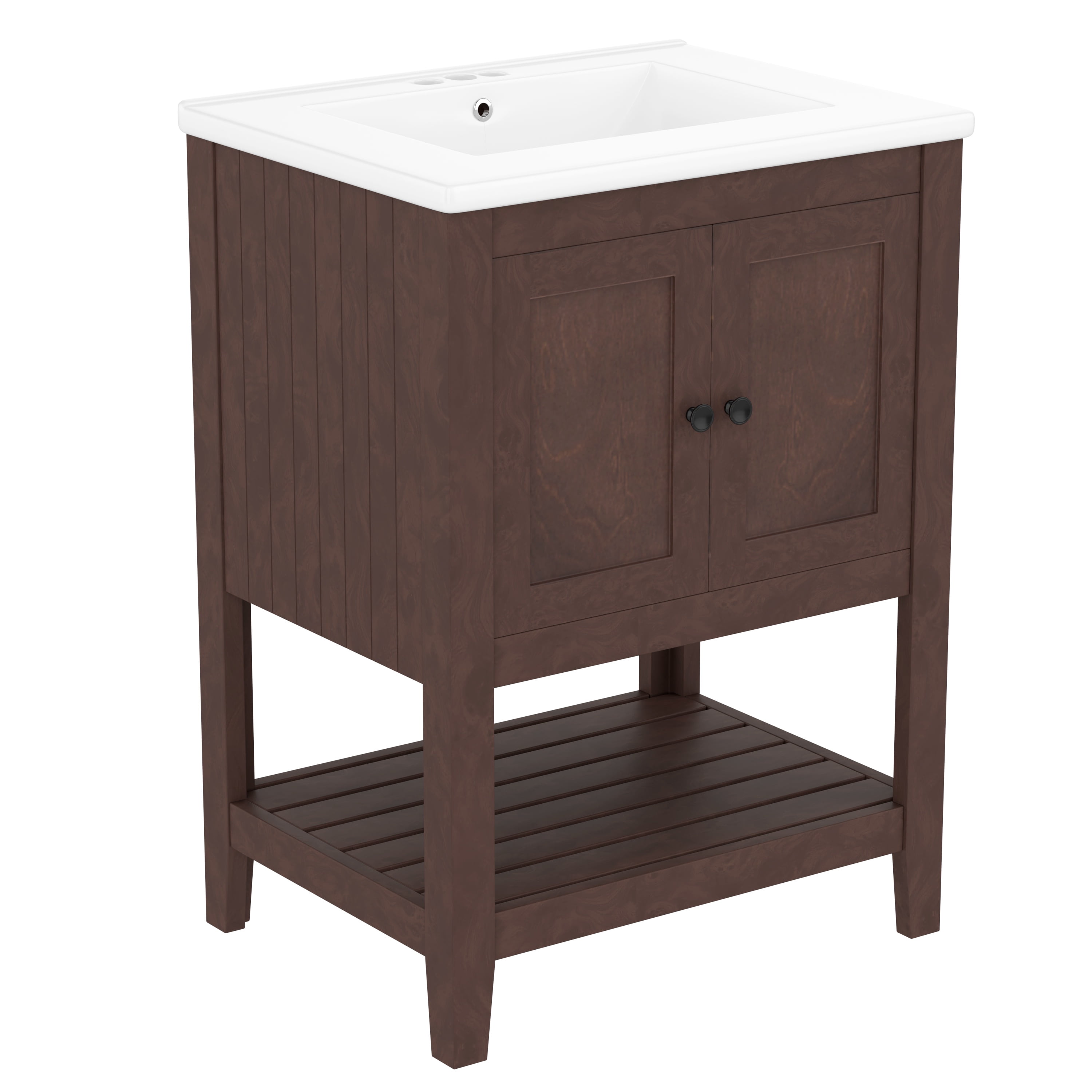 PORKISS 24" Bathroom Vanity with Ceramic Sink, Wood Bathroom Cabinet Vanity with Doors and Open Shelf, Freestanding Bathroom Storage Cabinet with Solid Wood Frame, Brown