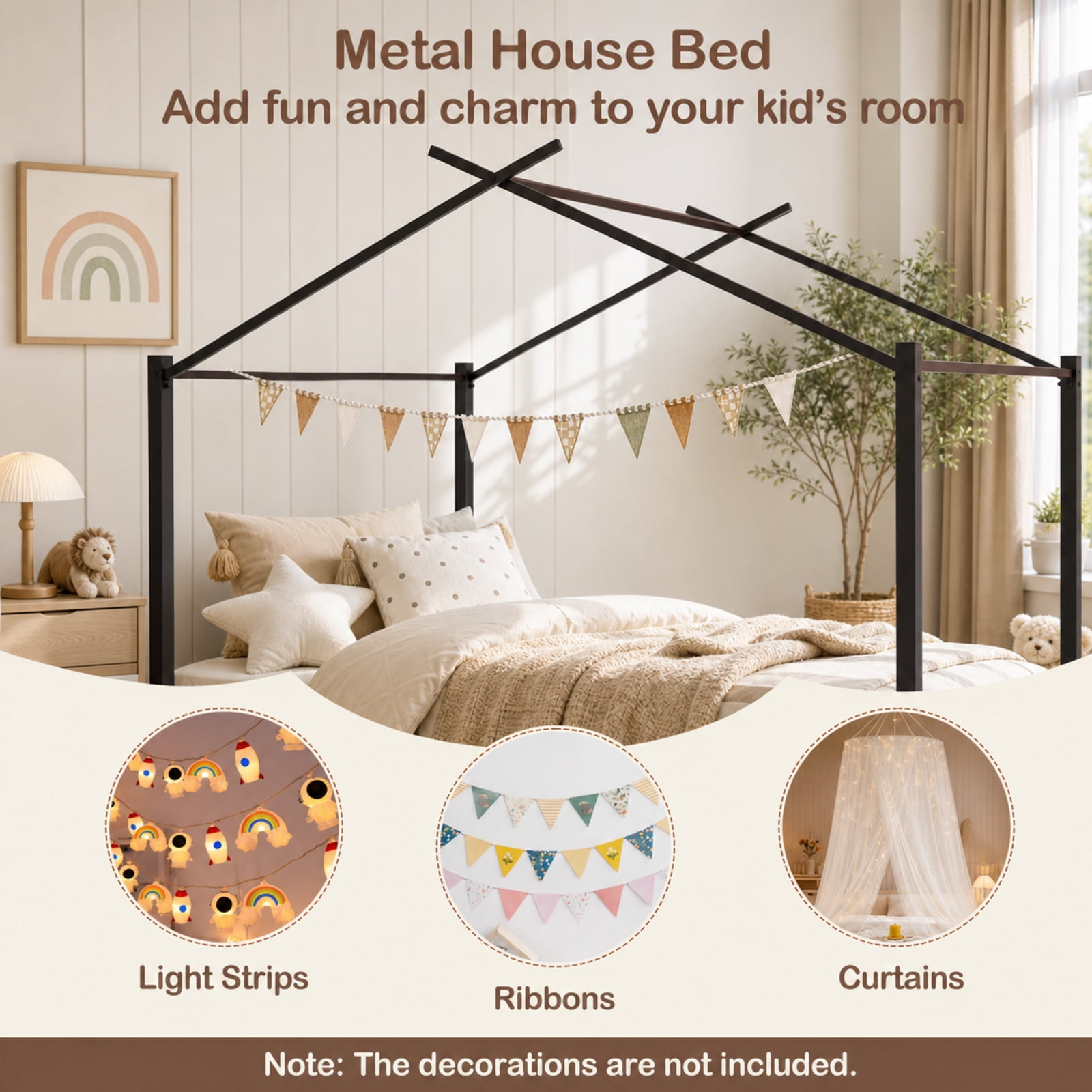Furnibear Full Metal House Bed with 2 Foldable Fabric Drawers 12 Heavy Duty Slats 660 lbs Capacity Noise Free Foam and Anti Slip Foot Pads, Black
