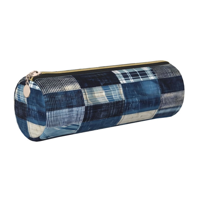 Easygdp Indigo Patchwork Quilt para Estuche de Lápices Cilíndrico de Cuero con Cremallera, Organizador de Lápices de Cuero para Escuela, Oficina y Viajes