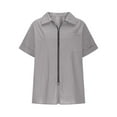 thumbnail image 3 of Fesfesfes Women's Linen T-shirt Solid Color Collared Neckline Short Roll-Up Sleeves Tee with Loose Zipper Trendy Business Work Blouses(Gray,2XL), 3 of 5