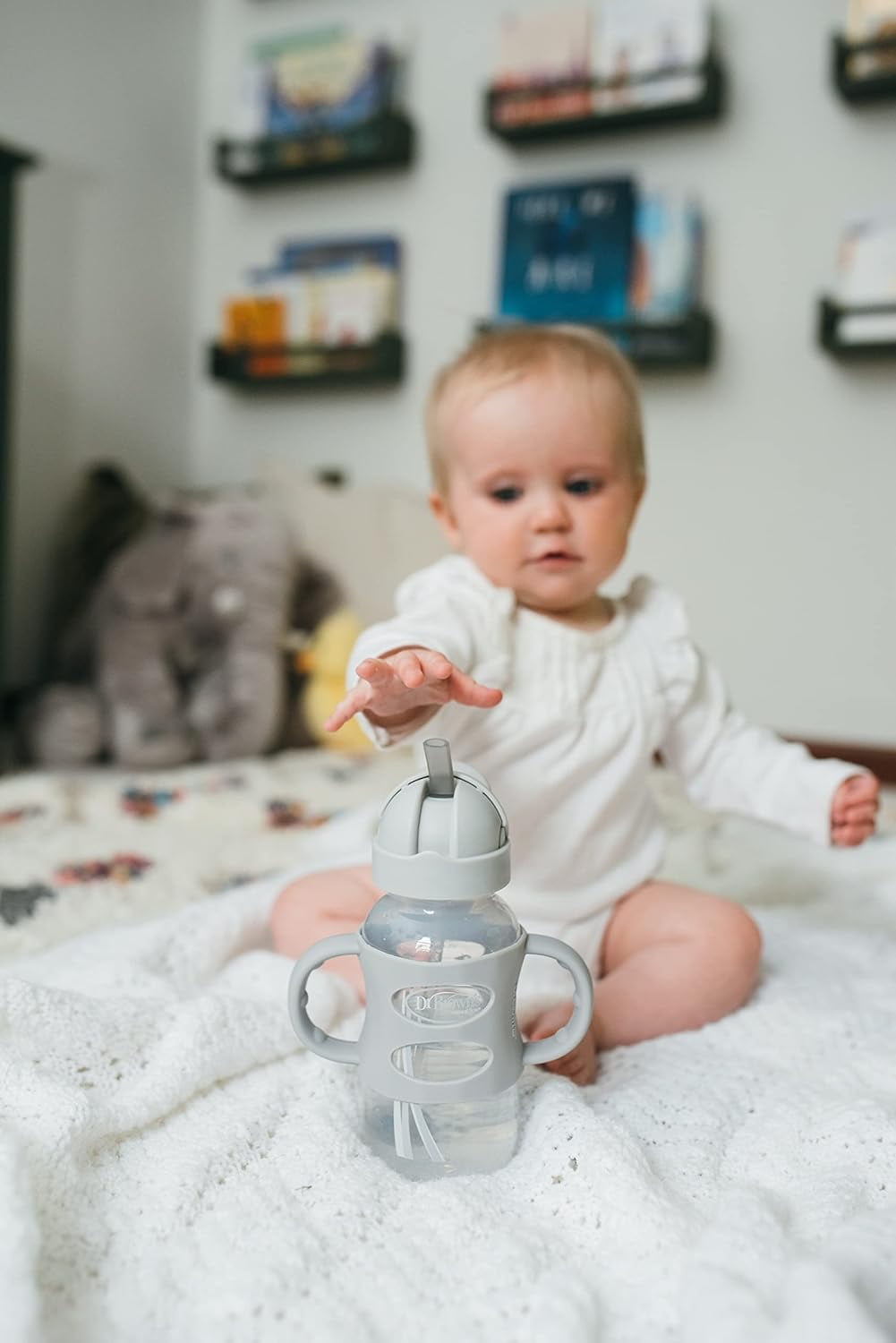 Dr. Brown's Milestones Wide-Neck Sippy Straw Bottle, 100% Silicone Handles, 9oz/270ml, 6m+, Gray