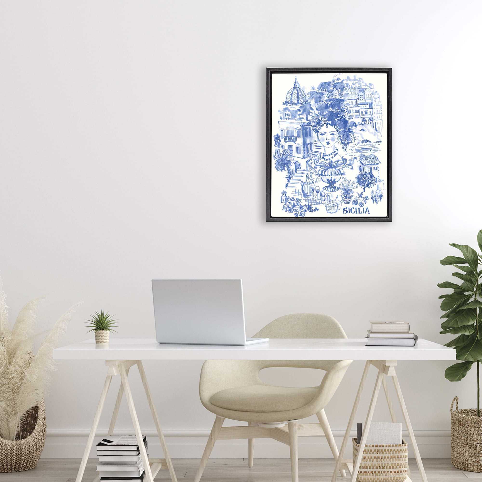 Stupell Industries Sicilia City In Blue Black Framed Floater Canvas Wall Art, design by Karolina Sato