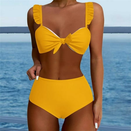 Ovticza Womens High Waisted Bikini Sets Ruffle Cheeky Tummy Control Full Coverage Push Up Solid Two Piece Swimsuits Yellow M
