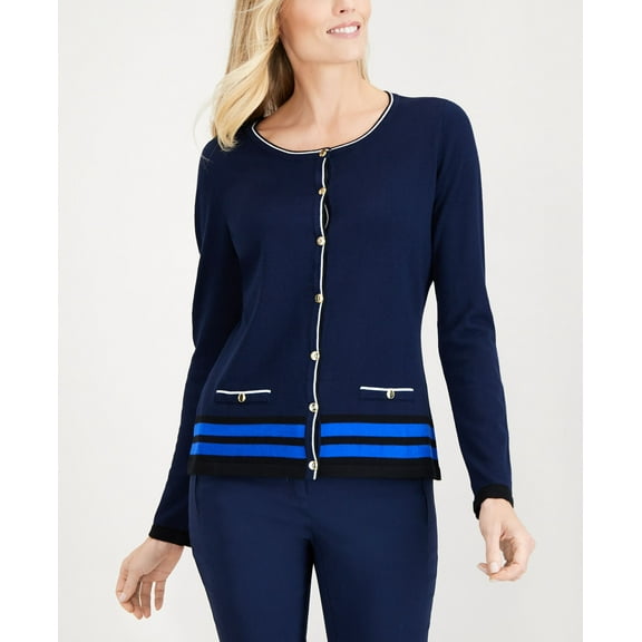 Karen Scott Tipped Cardigan Sweater Intrepid Blue Combo Small