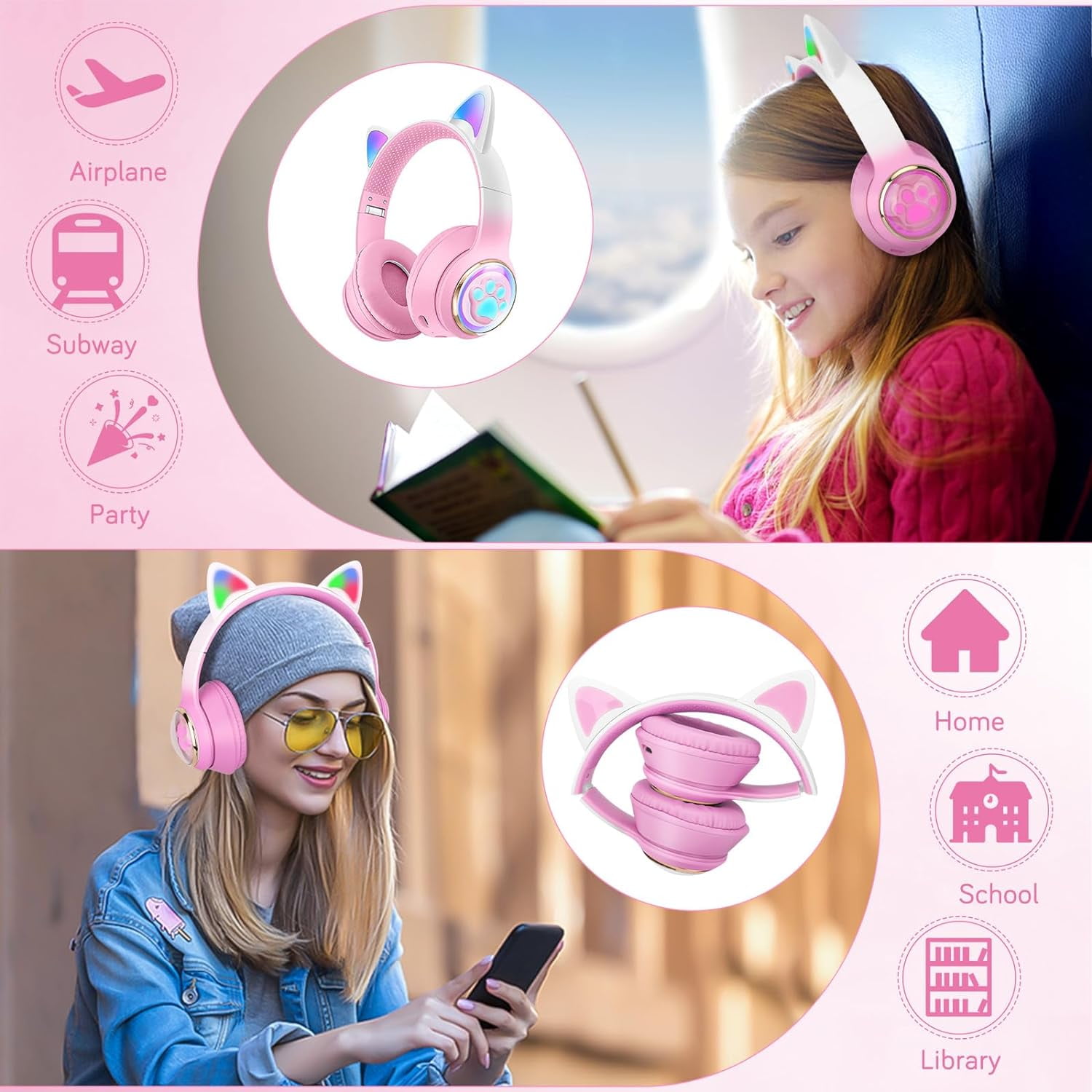 QearFun Cat Headphones with LED Lights for Girls Kids for School,Kids Bluetooth Headphones with Microphone & 3.5mm Jack, Teens Toddlers Wireless Headphones with Adjustable Headband for Tablet/PC-Pink