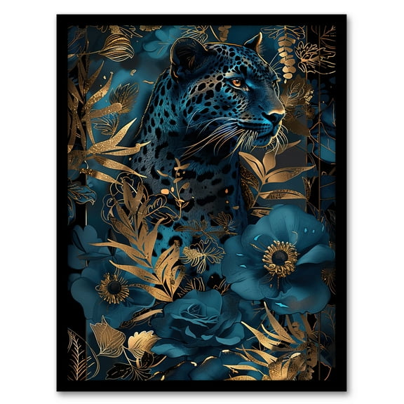 Artery8 Elegant Cheetah With Blue Gold Jungle Flowers Living Room Art Print Framed Poster Wall Decor 12x16 inch