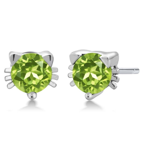 Gem Stone King 925 Sterling Silver Green Peridot Kitty Cat Stud Earrings for Women Men (1.00 Cttw, Gemstone Birthstone, Round 5MM)