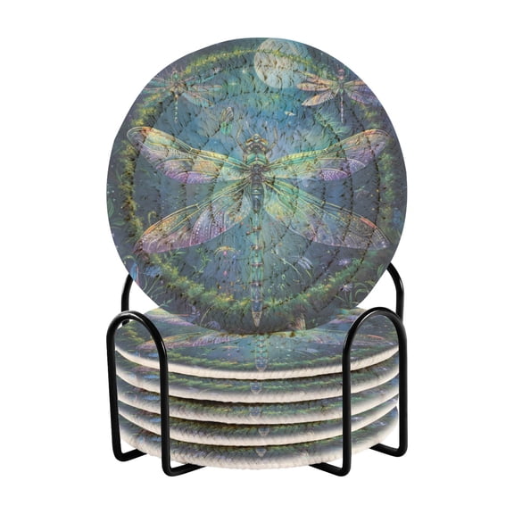 Beautiful Dragonflies Coasters with Holder for Coffee Table 6 Pcs Drink Coaster Sets Absorbent for Home Decor 4 inch