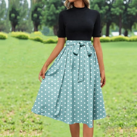 FDGIU Vintage A-Line Skirt - Women s High Waist Pleated Midi Skirt with Pockets (Polka Dot Rockabilly Style)