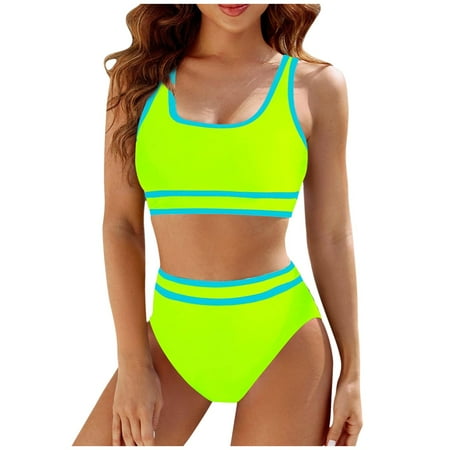 JIANJIA Swim Suits for Women Summer Color Block Round Neck Sleeveless Camisole Bra And Panty Set High Waist Sports Two Piece Tankinis Swimwears Bathing Suits Green L