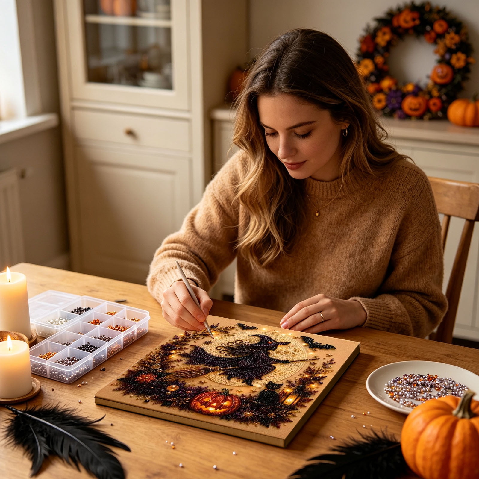 Halloween Pearl Art DIY Kit Beginner Friendly 3D Gem Painting Set Witch Haunted House Pattern Fall Handmade Diamond Painting Art Craft Kit For Adults Family Activity
