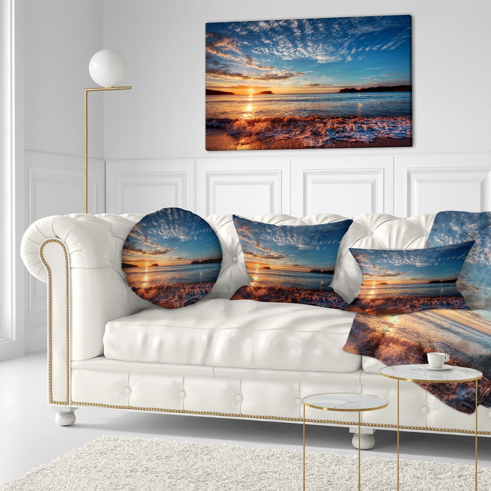 Designart Tranquil Beach and Whimsical Clouds - Seashore Photo Throw Pillow - 12x20