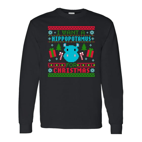 Inktastic I Want a Hippopotamus for Christmas Pixelated Ugly Sweater Long Sleeve T-Shirt