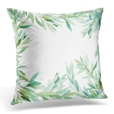 CMFUN Green Leaf Watercolor Floral Hand Border with Branches and Leaves White Botanical Design Olive Pillow Case Pillow Cover 20x20 inch