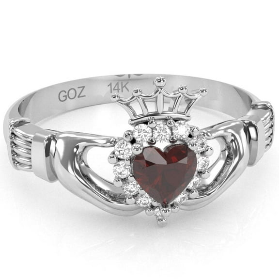 Claddagh Garnet Diamond Ring In Solid 14k White Gold