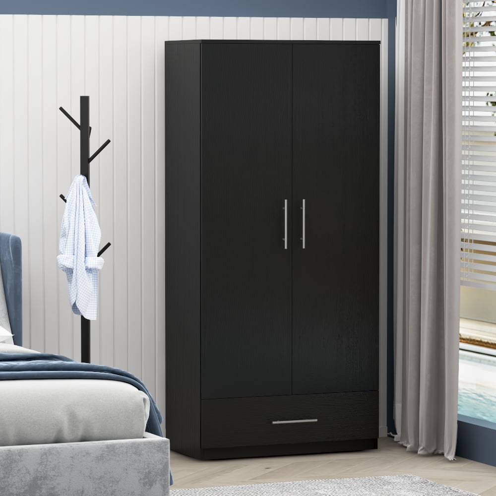 Wardrobe Storage Armoire Closet Organizer with Drawer and Hanging Rod, Black Walmart