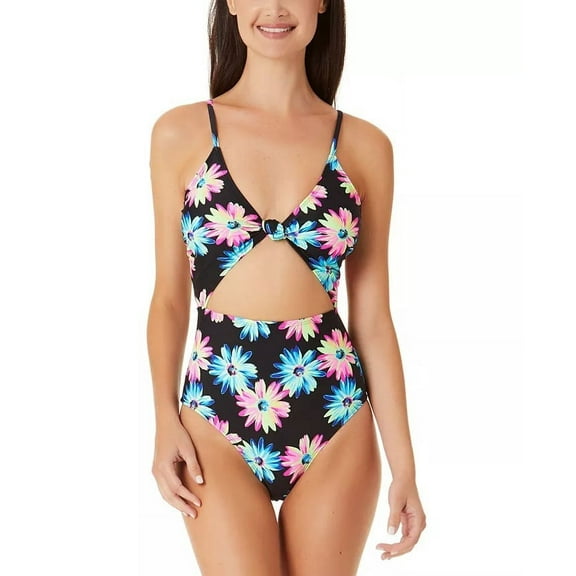 California Waves Junior's Gerber Daisy Knotted Cutout One Piece Swimsuit Black Size Large