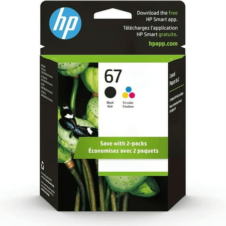 HP 67 Ink Cartridges, Printer Ink HP 67 Black and Tri-Color, Work with HP Deskjet 2700 2723 HP Deskjet Plus 4100 4155 HP Envy Pro 6455 6458 Series 2Pack