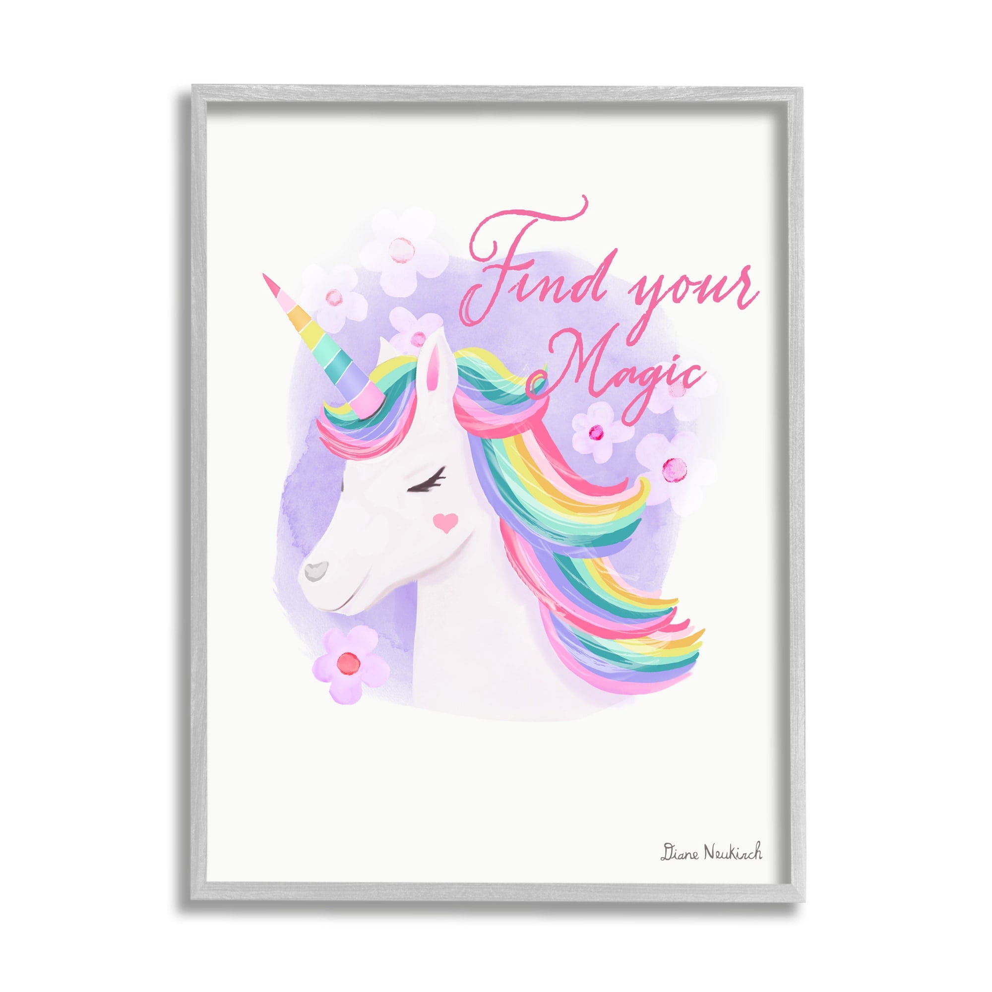 Stupell Industries Find Your Magic Bold Rainbow Floral Unicorn Mane Graphic Art Gray Framed Art Print Wall Art, Design by Diane Neukirch