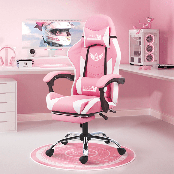 Silla Gamer Reclinable Giratoria Ergonómica Masaje Lumbar Color Rosa/blanco Material Del Tapizado Cuero Sintético