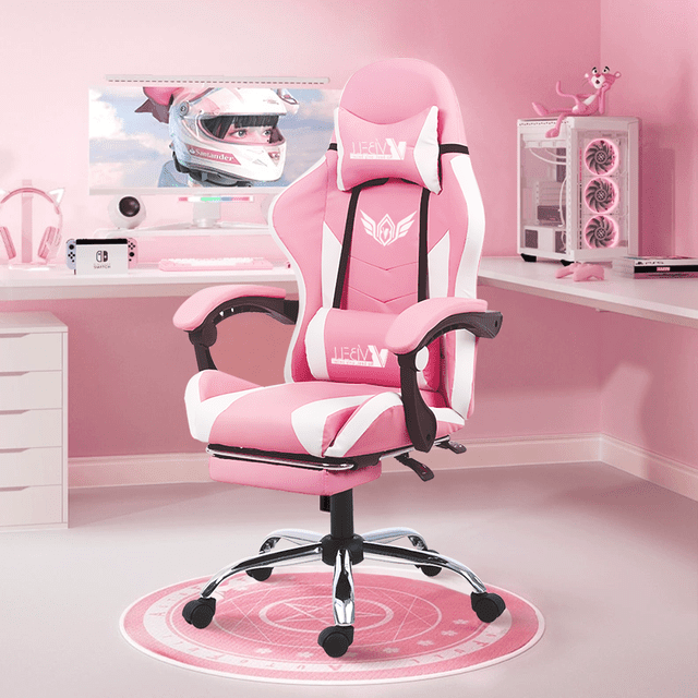 Silla Gamer Reclinable Giratoria Ergonómica Masaje Lumbar Color Rosa/blanco Material Del Tapizado Cuero Sintético