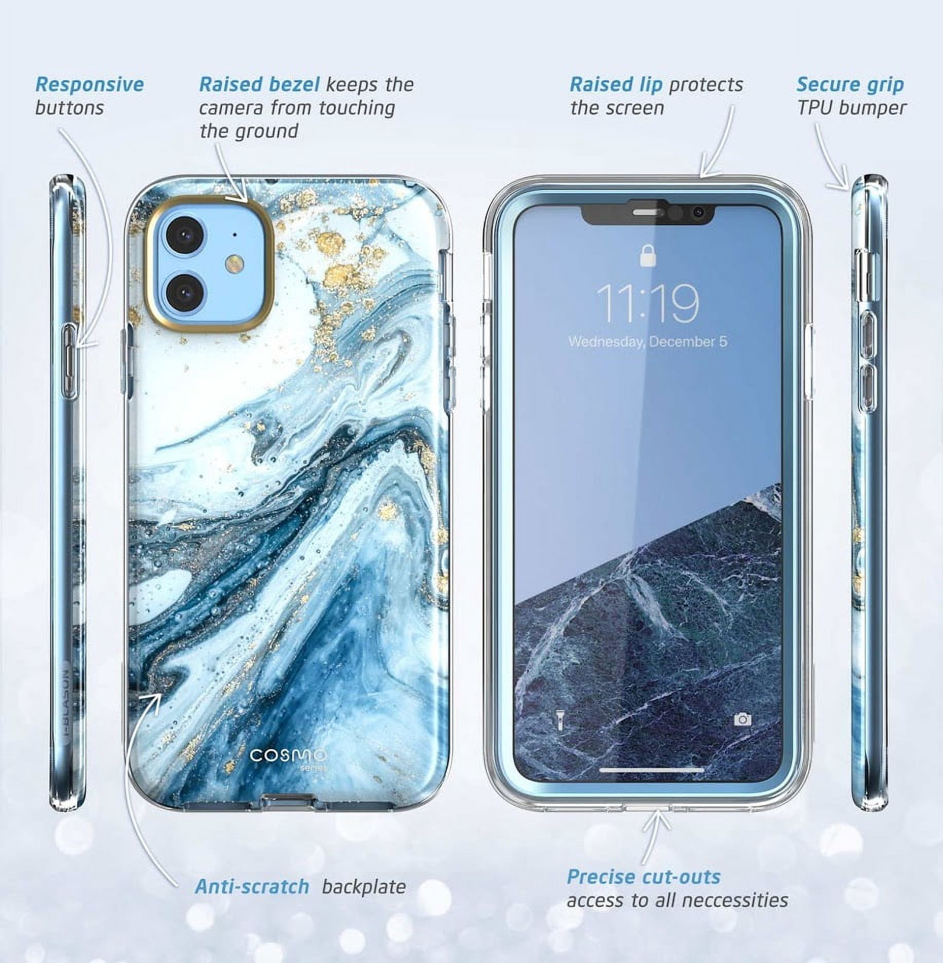 i-Blason Cosmo Series Case for iPhone 11 (2019 Release), Slim Full-Body Stylish Protective Case with Built-in Screen Protector, Blue, 6.1''