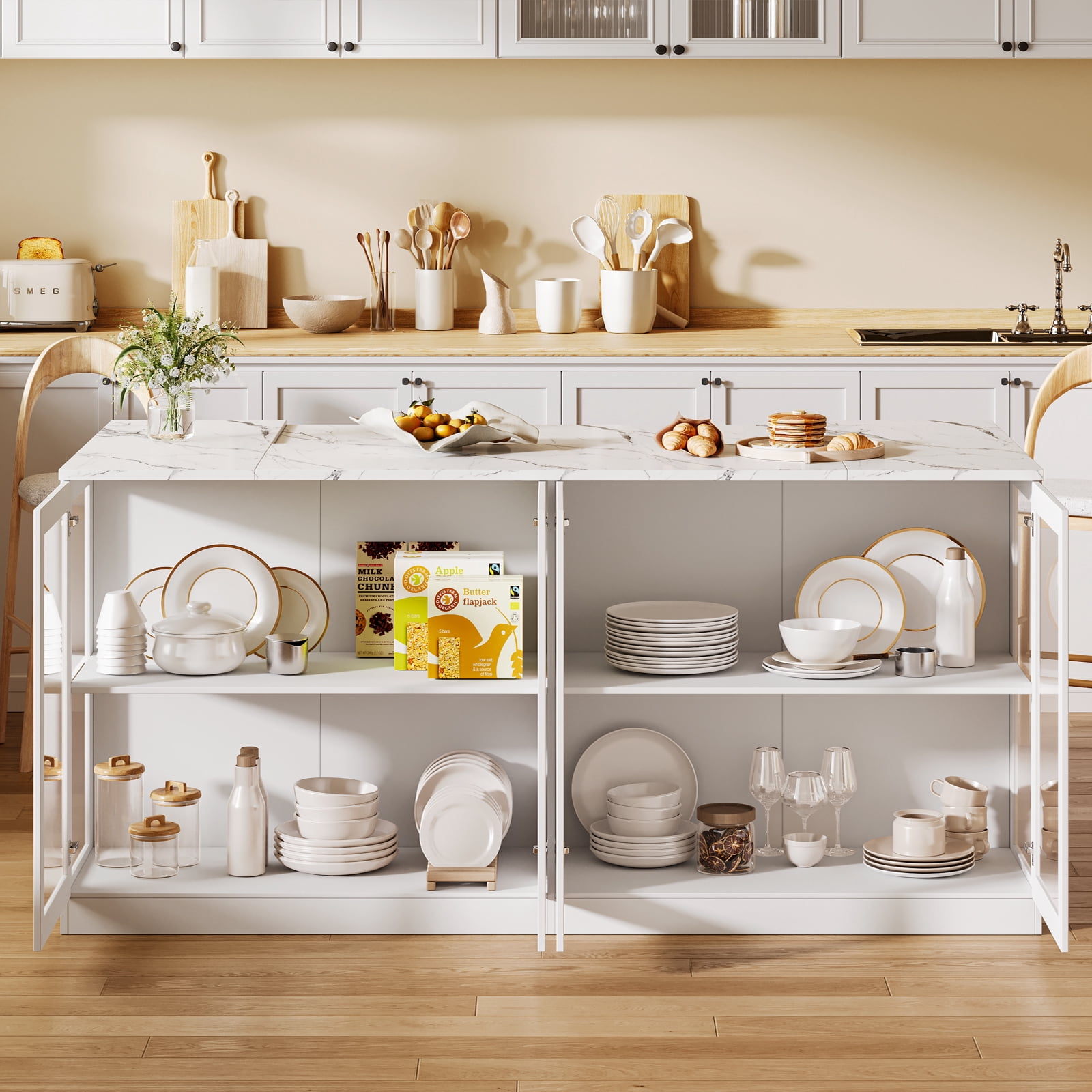 78.7" White Modern Kitchen Island with Storage, LED Light, Drawers & Glass Doors for Dining Room