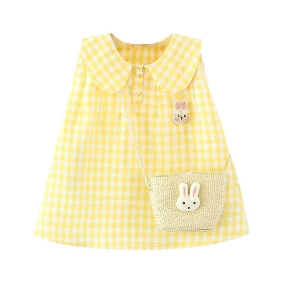 QTOCIO Toddler Girls Dresses, Baby Girl Summer Clothes, Toddler Kids Baby Girls Fashion Cute Sleeveless Sweet Lattice Bunny Dress Bag Set, Yellow, 2 Years