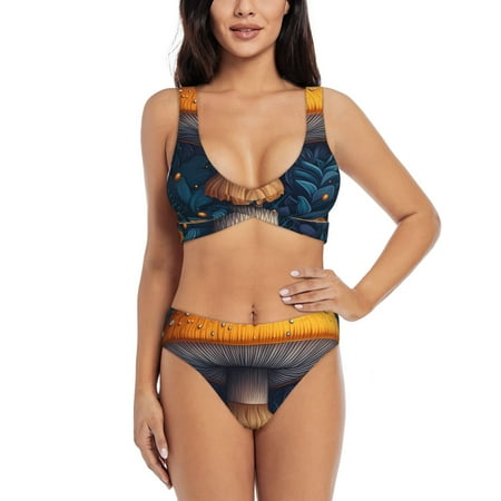 Zeuib Vintage Blue Leaf Mushroom High Waisted Tummy Control Bikini Set - Knot Front Push Up Top & Cheeky Thong Bottom  Two-Piece Swimsuit for Women-X-Large