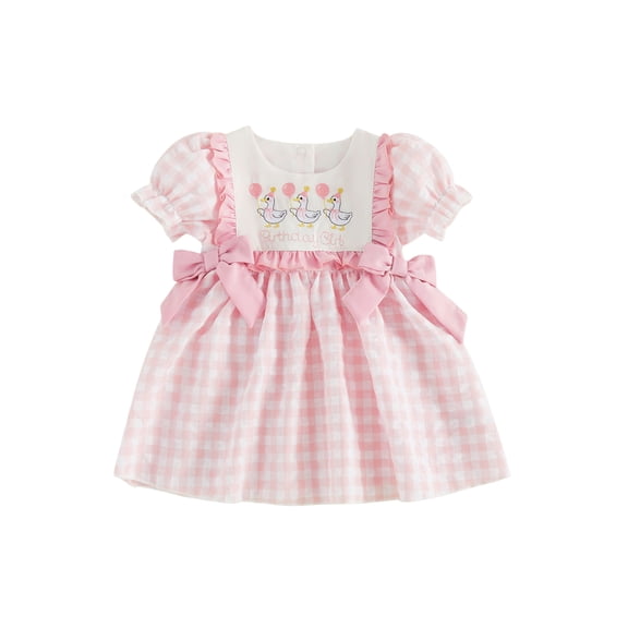 Cjfdfy Toddler Baby Girl Birthday Dress 1 2 3 4 Years Old Birthday Outfit Baby Girls Summer Plaid Gingham Dress Goose Letter Embroidery Bows Puff Short Sleeve Dress