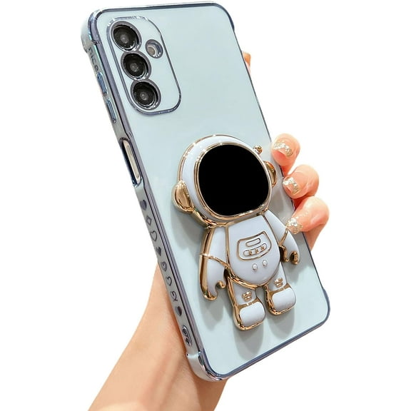 Samsung Galaxy A13 5g 6.5" Phone Case Luxury Gold Plated Cute Astronaut Stand Holder Case with Camera Protection Cute Love Heart Side Small Pattern Soft Shockproof Kickstand Bumper (Blue)