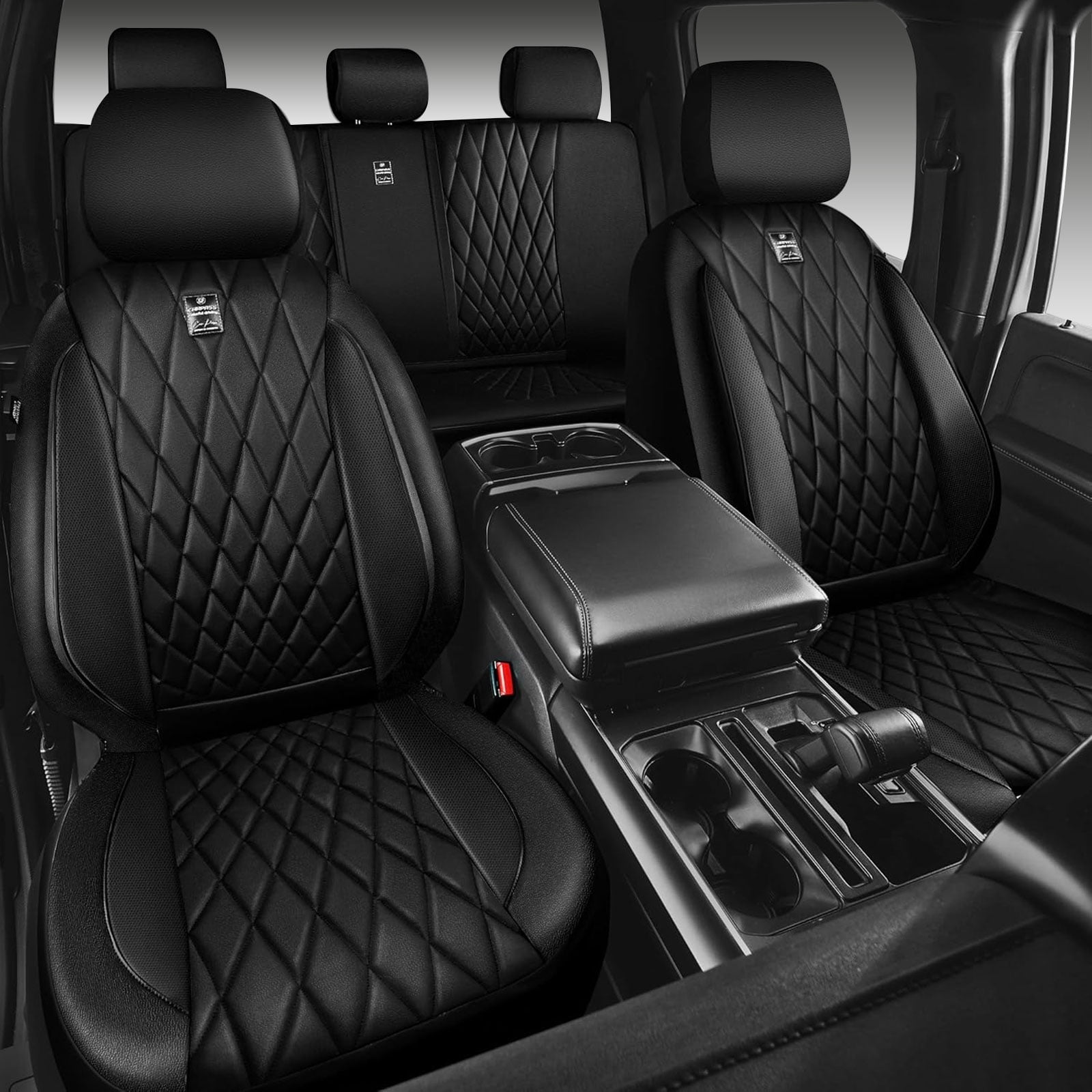 CAR GRAND piping luxury faux PU leathertwo front car seat covers water proof armrest compatible airbag compatible univrsal fit SUV VAN Truck All black