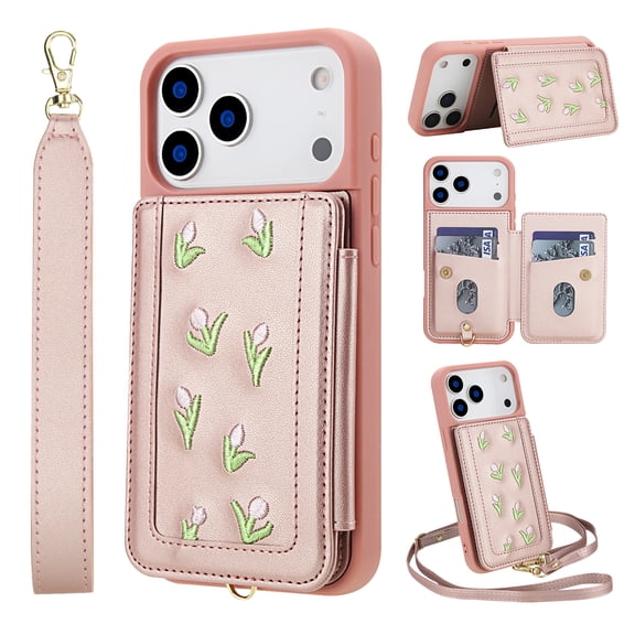 for iPhone 17 Pro Max Wallet Case, Magnetic Snap Flip PU Leather TPU Cover with Flower Design Credit Card Holder Stand Wristband Shoulder Strap Protective Phone Case for Women Girls, Rosegold