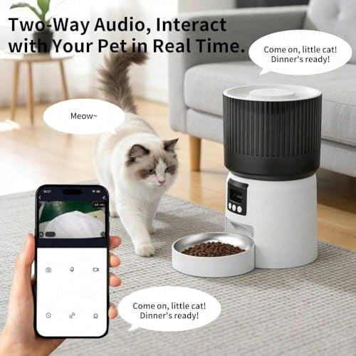 Automatic Cat Feeder, Auto Pet Feeder for Cats and Small Dogs, 4L Food Dispenser with Dual Power Supply, Programmable Portion Size, White