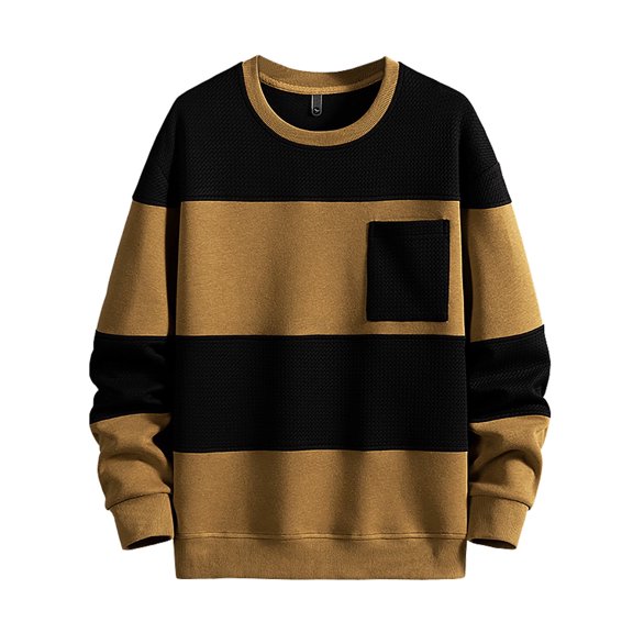 XAOWF Men'S Casual Striped Sweatshirt Round Neck Basic Long Sleeve Loose Fit Stylish Pullover With Pocket Street Style 2025 Autumn Comfort Breathable Tops