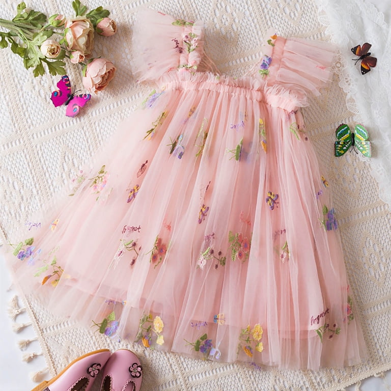 Girls Dresses Sleeveless Butterfly Embroidered Flowers With Wing Tie Tulle  Holiday Party Baby Girl Dress Pink 6 Months-12 Months - Walmart.com