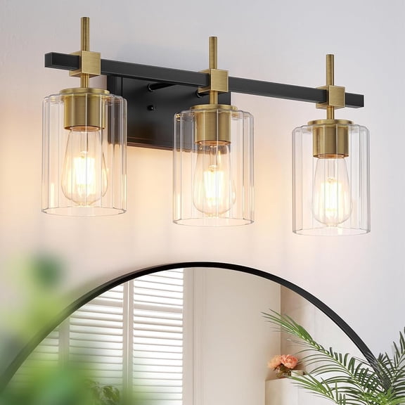 Textured Glass Bathroom Vanity Light 3-Light Brass Wall Light Fixtures over Mirror Black and Gold Vanity Lighting for Bathroom Wall Sconce