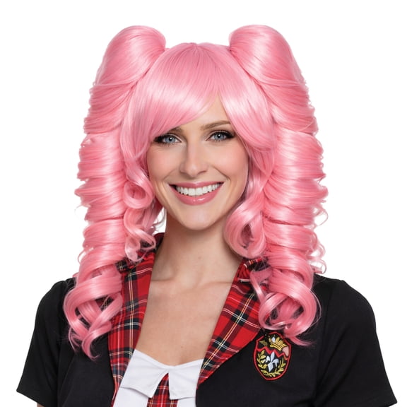 Underwraps Pink Anime Style Curly Wig For Adults, Long Twin Tail Costume Wig For Cosplay Parties Festivals Dress Up, Halloween Accessories One Size