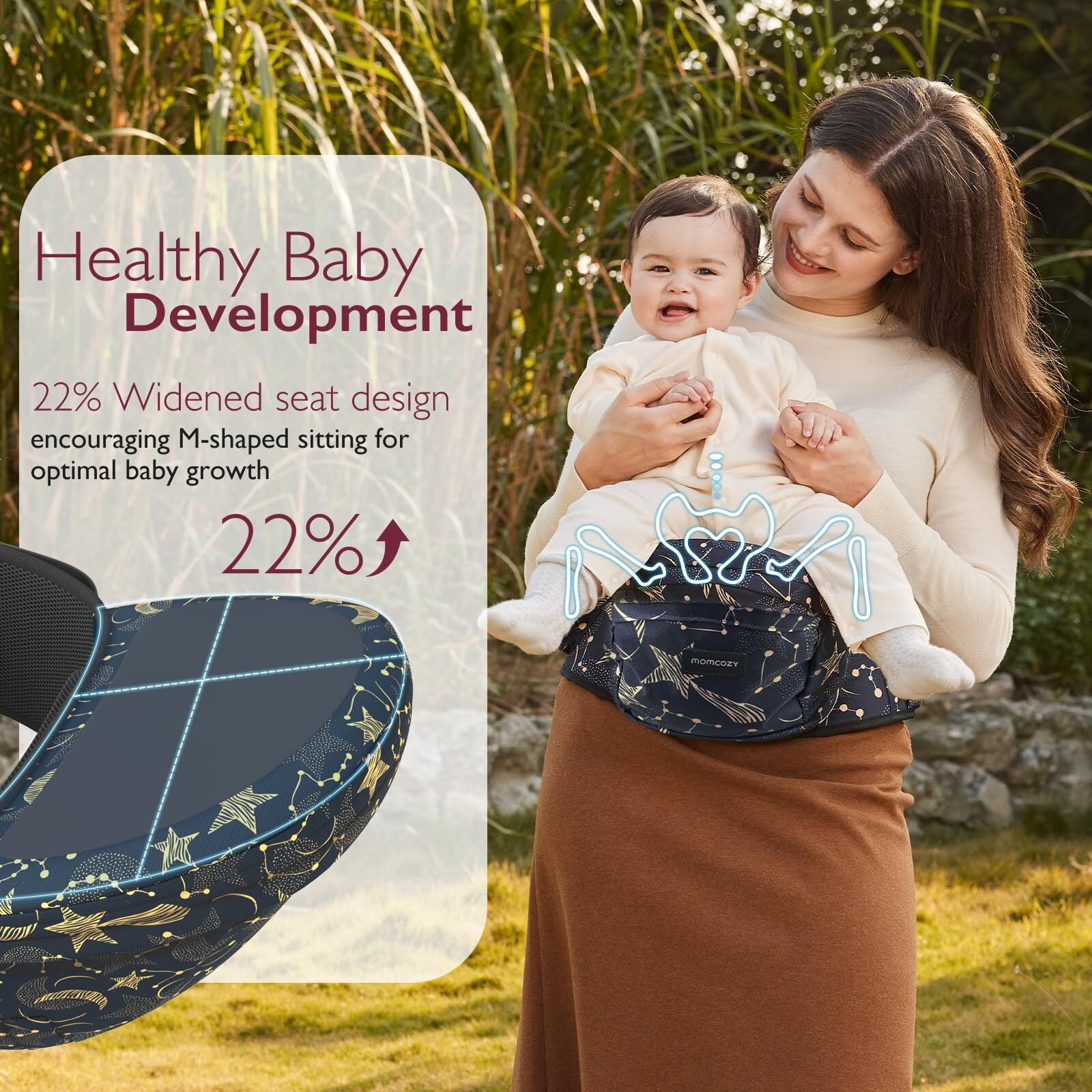 Momcozy Hip Seat Baby Carrier - Adjustable Waistband with Original 3D Belly Protector, Ergonomic Carrier with Various Pockets for Newborns & Toddlers up to 45lbs (Starry Sky, Large)